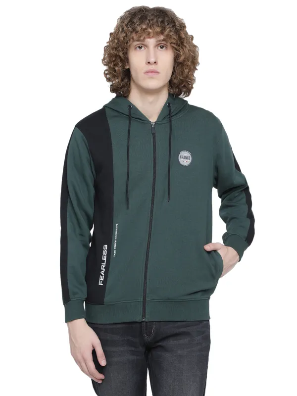 Octave Men Plus Size Green Fleece Colourblocked Hooded Sweatshirt