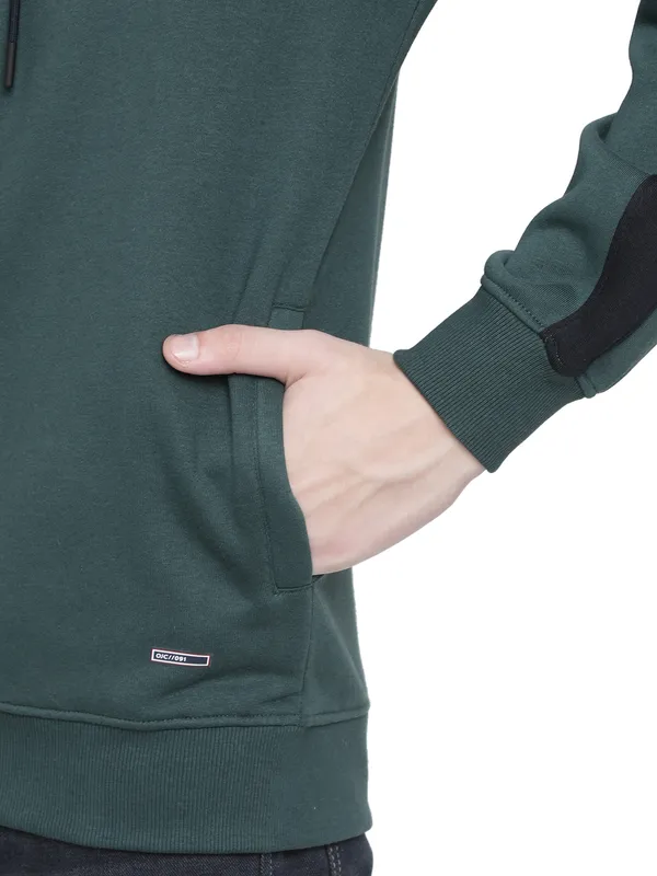 Octave Men Plus Size Green Fleece Colourblocked Hooded Sweatshirt