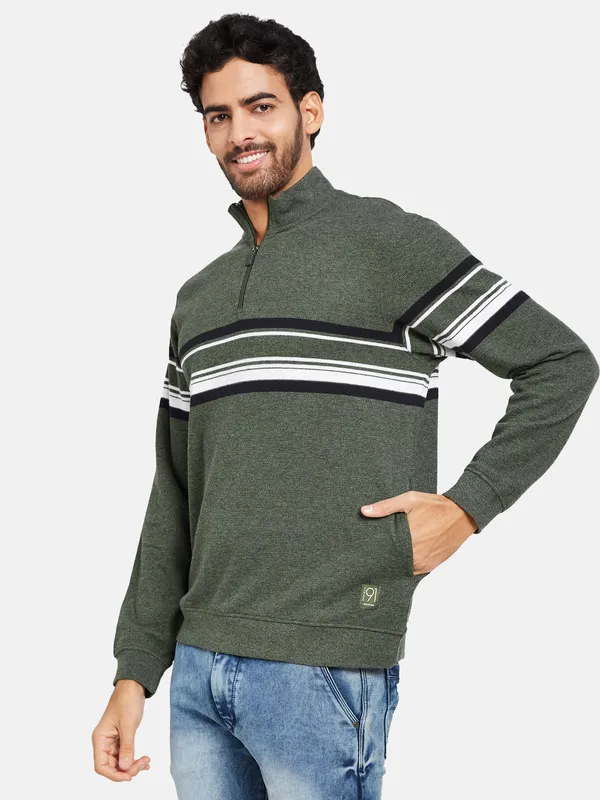 Octave Men Olive Green Striped Sweatshirt