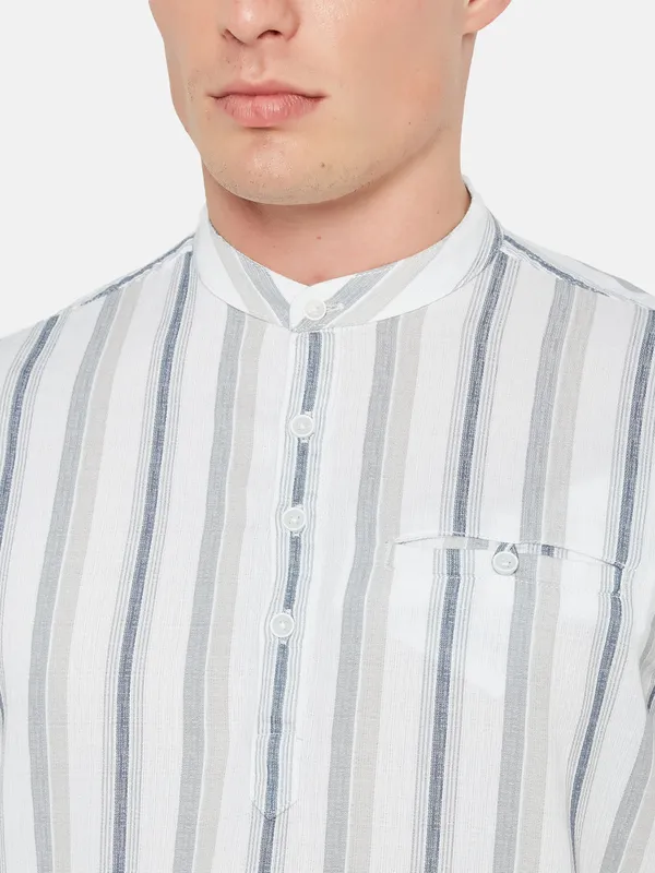 METTLE Vertical Striped Band Collar Cotton Casual Shirt