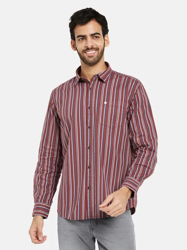 METTLE Men Maroon Opaque Striped Casual Shirt