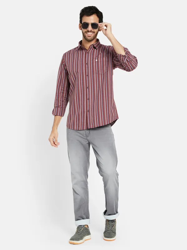 METTLE Men Maroon Opaque Striped Casual Shirt