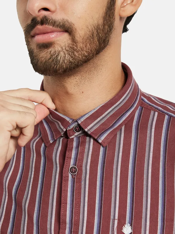 METTLE Men Maroon Opaque Striped Casual Shirt