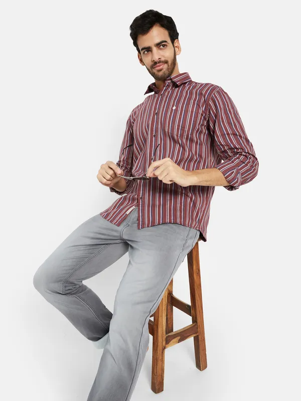 METTLE Men Maroon Opaque Striped Casual Shirt