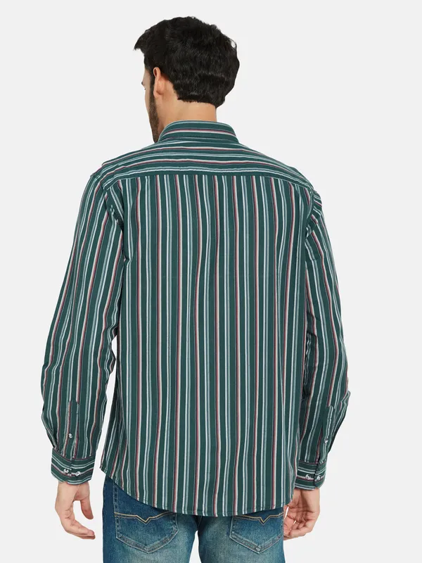 METTLE Men Green Opaque Striped Casual Shirt