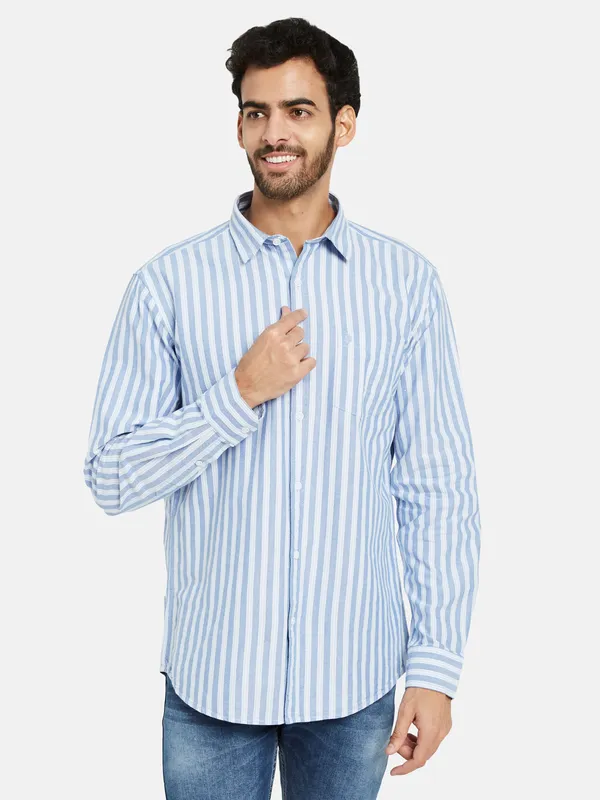 METTLE Men Blue Opaque Striped Casual Shirt