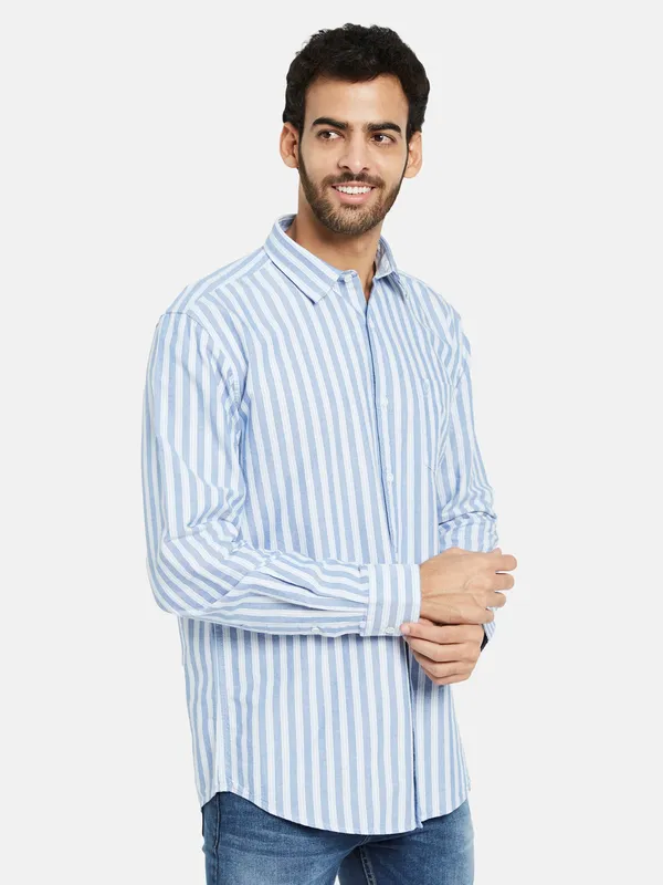METTLE Men Blue Opaque Striped Casual Shirt