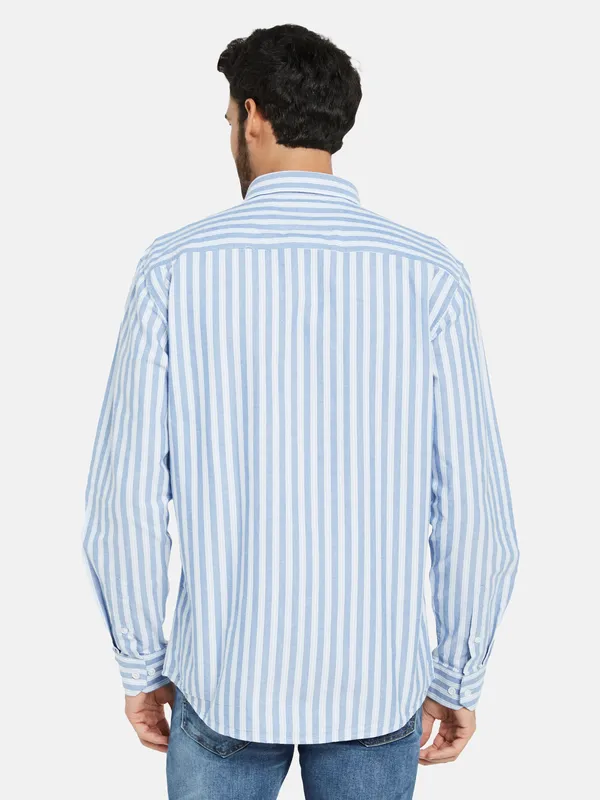 METTLE Men Blue Opaque Striped Casual Shirt