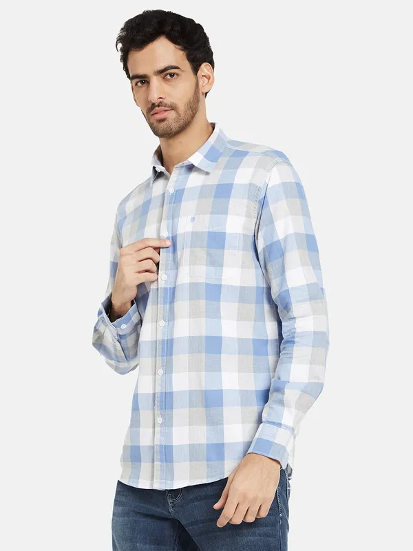 METTLE Men Blue Gingham Checks Opaque Checked Casual Shirt