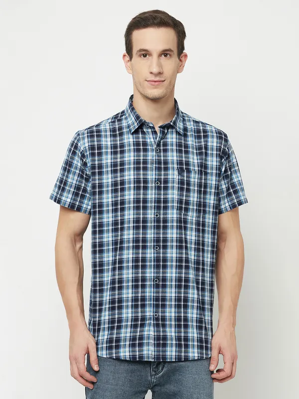 METTLE Men Blue Tartan Checks Checked Casual Shirt