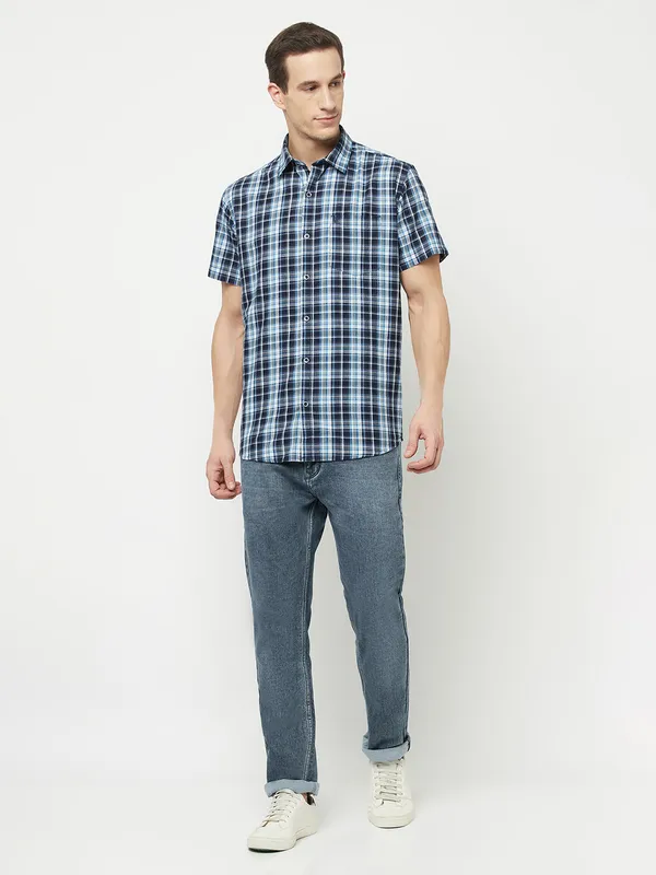 METTLE Men Blue Tartan Checks Checked Casual Shirt