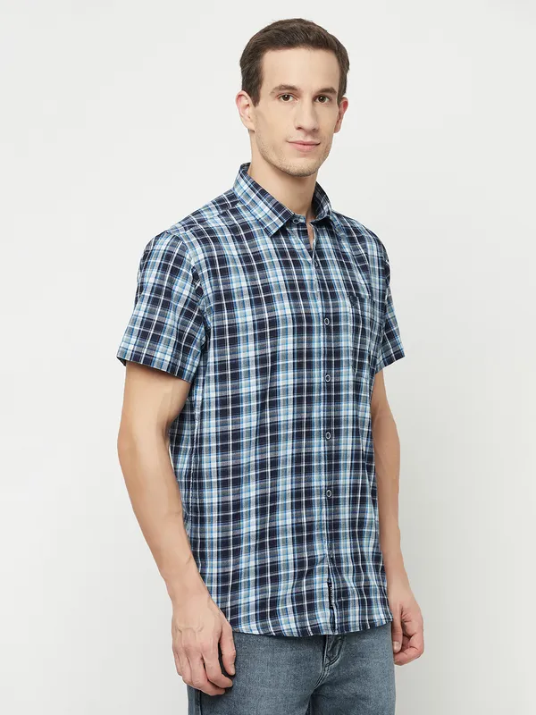 METTLE Men Blue Tartan Checks Checked Casual Shirt