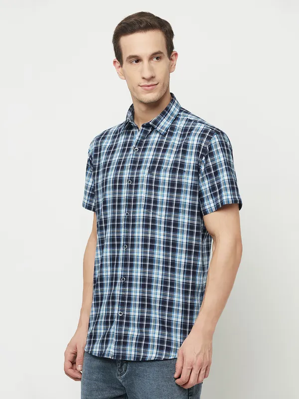 METTLE Men Blue Tartan Checks Checked Casual Shirt