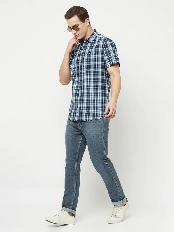 METTLE Men Blue Tartan Checks Checked Casual Shirt