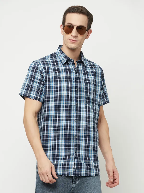 METTLE Men Blue Tartan Checks Checked Casual Shirt