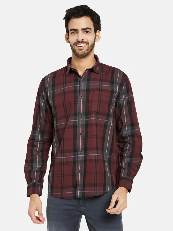 METTLE Men Maroon Opaque Checked Casual Shirt