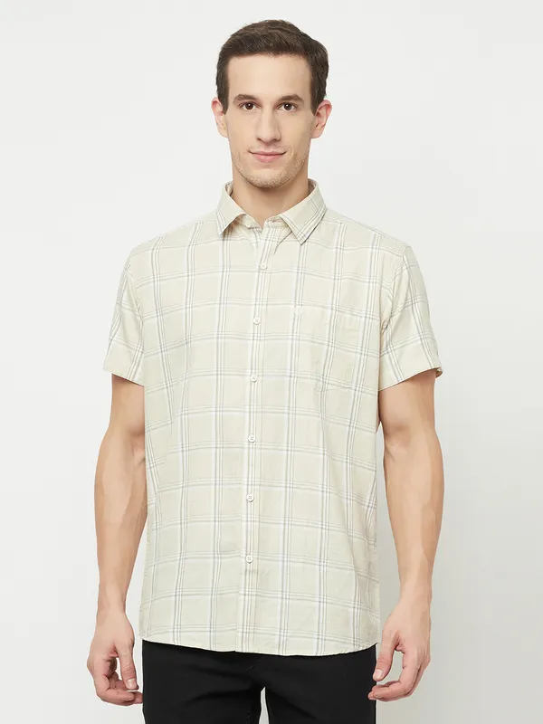 METTLE Men Cream-Coloured Checked Casual Shirt