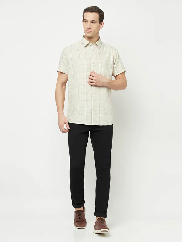 METTLE Men Cream-Coloured Checked Casual Shirt