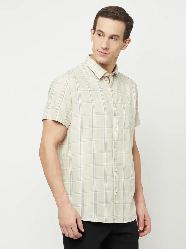 METTLE Men Cream-Coloured Checked Casual Shirt