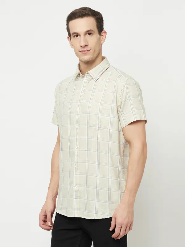 METTLE Men Cream-Coloured Checked Casual Shirt