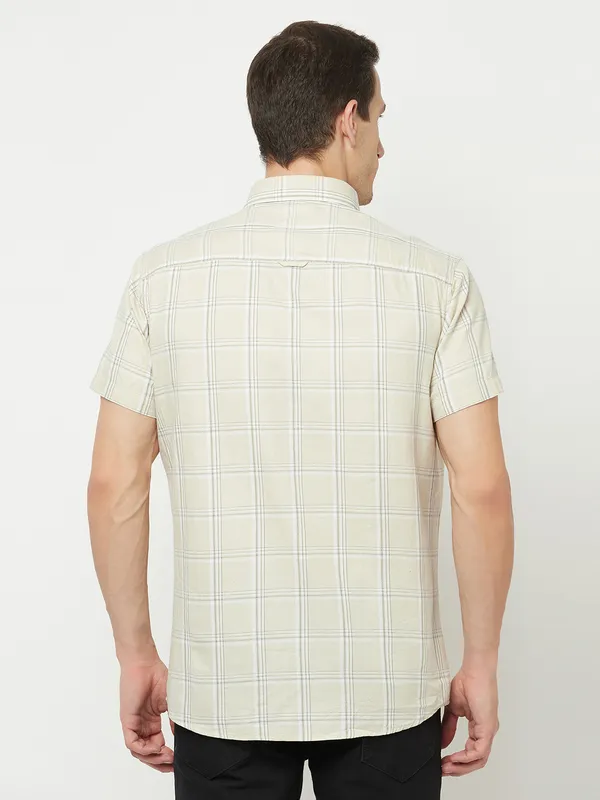 METTLE Men Cream-Coloured Checked Casual Shirt