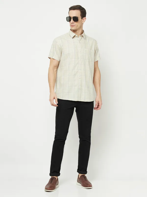 METTLE Men Cream-Coloured Checked Casual Shirt