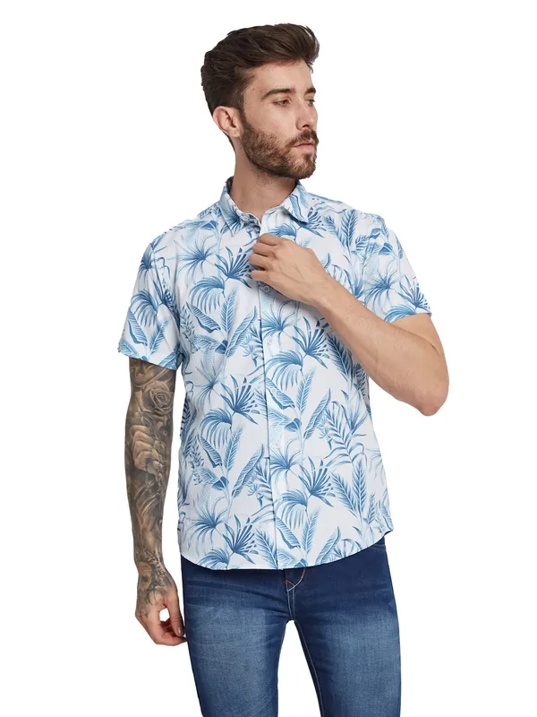 METTLE Floral Printed Spread Collar Short Sleeves Cotton Casual Shirt