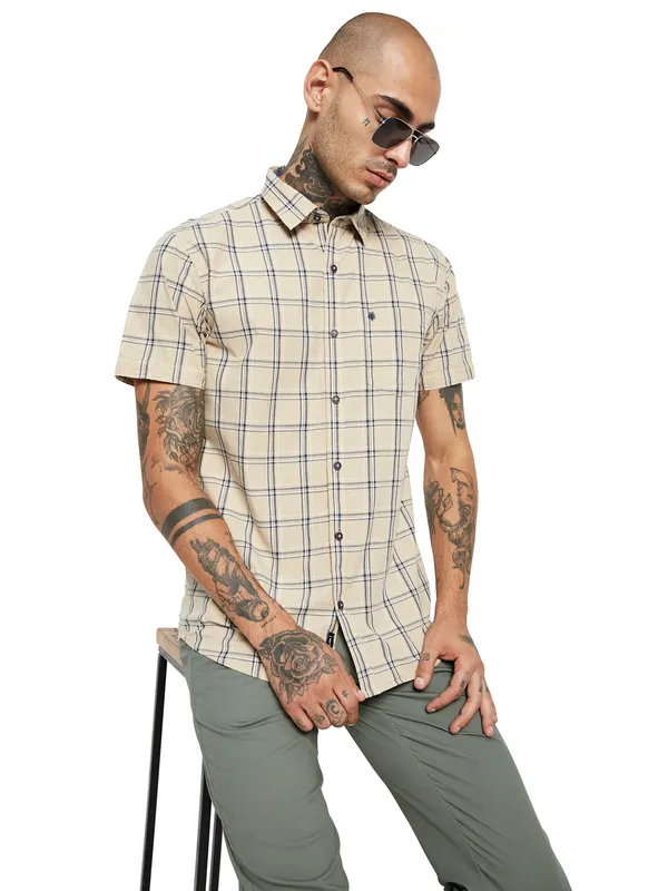 METTLE Checked Short Sleeve Cotton Casual Shirt