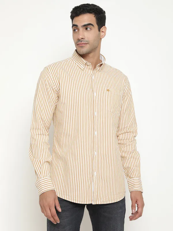 METTLE Men Brown Opaque Striped Casual Shirt