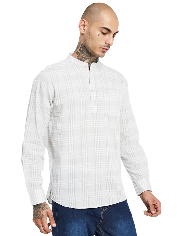METTLE Mandarin Collar Checked Cotton Casual Shirt