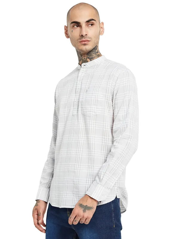 METTLE Mandarin Collar Checked Cotton Casual Shirt