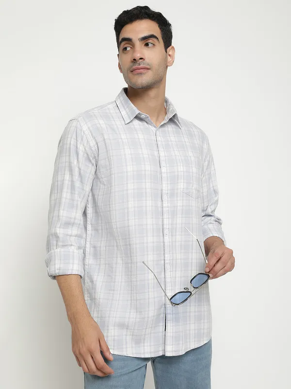 METTLE Men Blue Grid Tattersall Checks Opaque Checked Casual Shirt