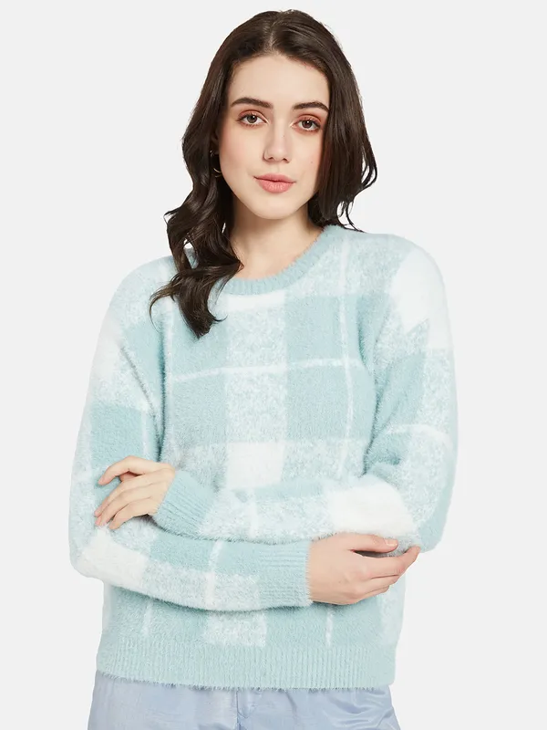 METTLE Women Blue  White Checked Pullover