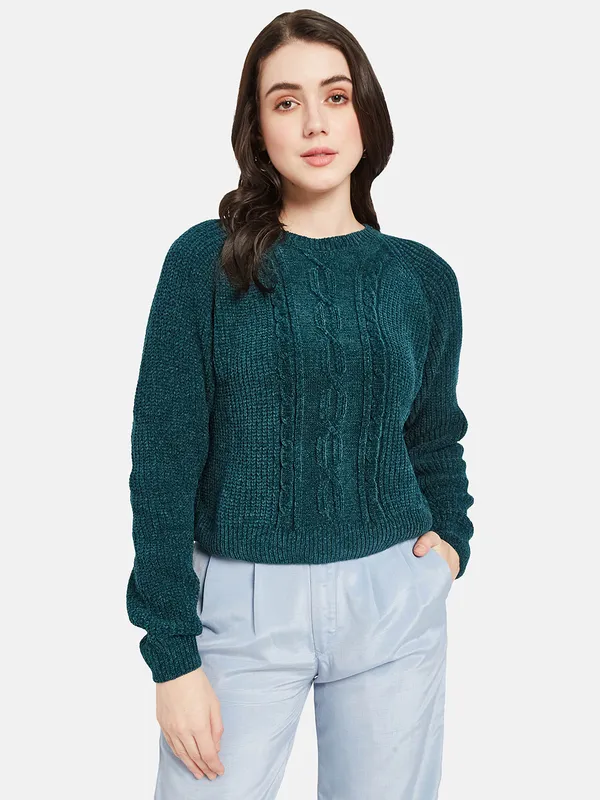METTLE Women Green Cable Knit Pullover