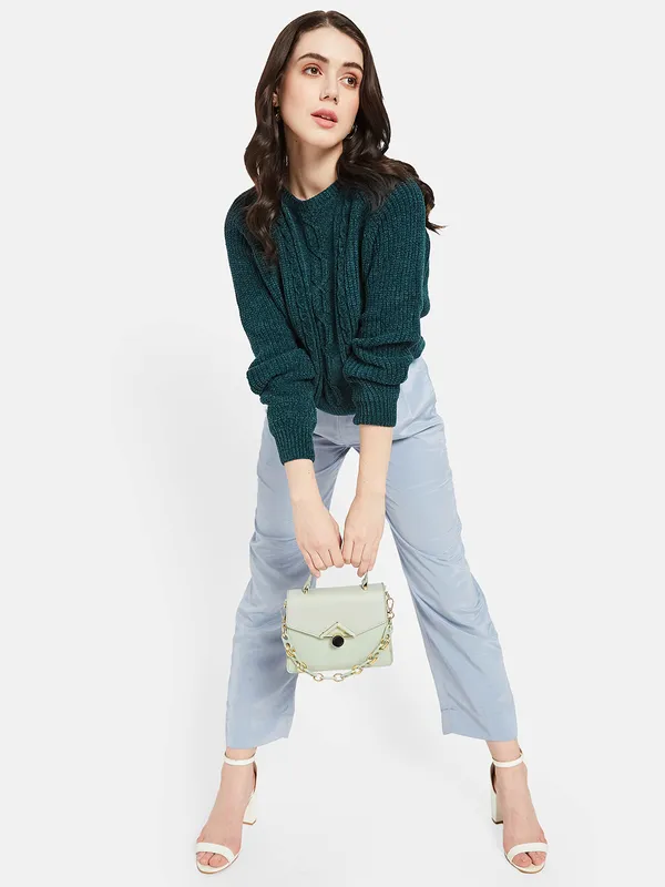 METTLE Women Green Cable Knit Pullover