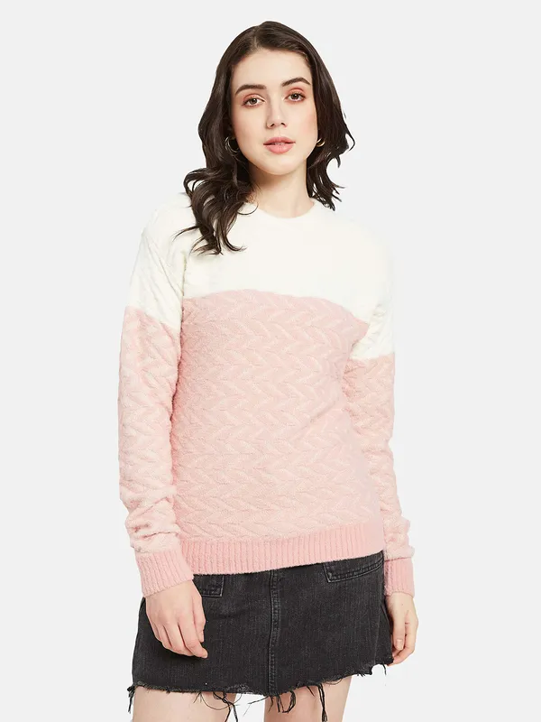 METTLE Women Pink  White Colourblocked Pullover