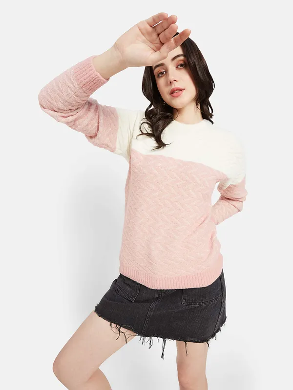 METTLE Women Pink  White Colourblocked Pullover