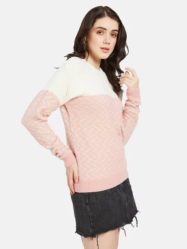 METTLE Women Pink  White Colourblocked Pullover