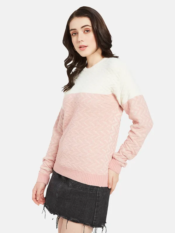 METTLE Women Pink  White Colourblocked Pullover