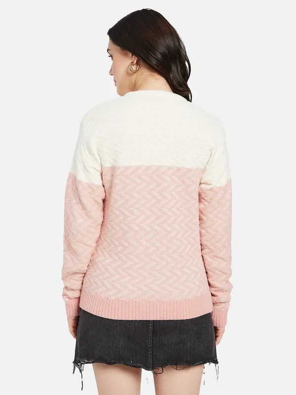 METTLE Women Pink  White Colourblocked Pullover