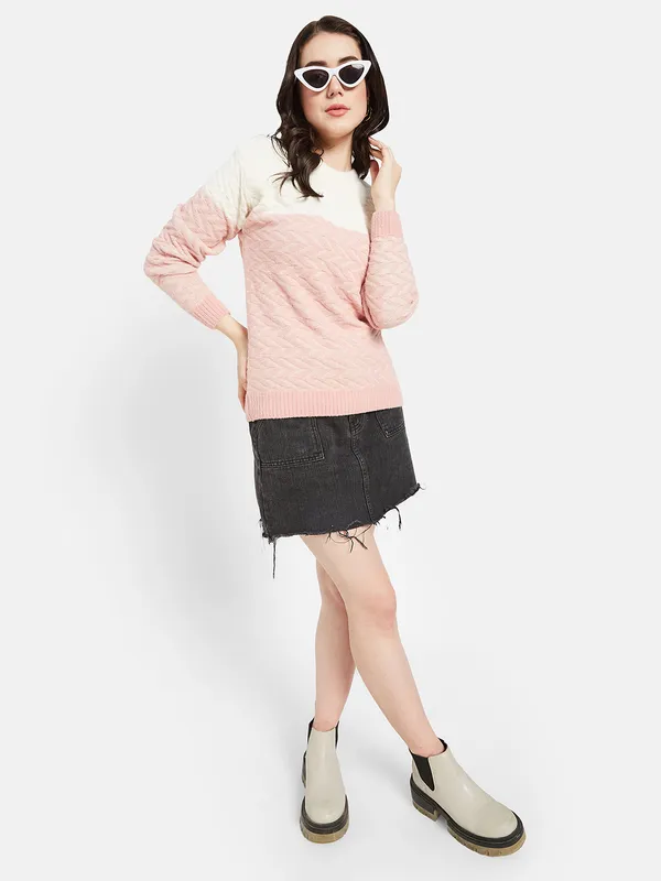 METTLE Women Pink  White Colourblocked Pullover