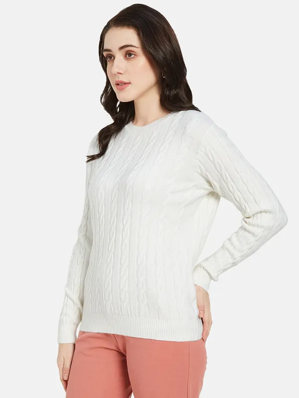 METTLE Women White Cable Knit Pullover