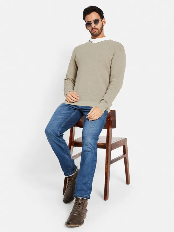 Ribbed V-Neck Cotton Pullover