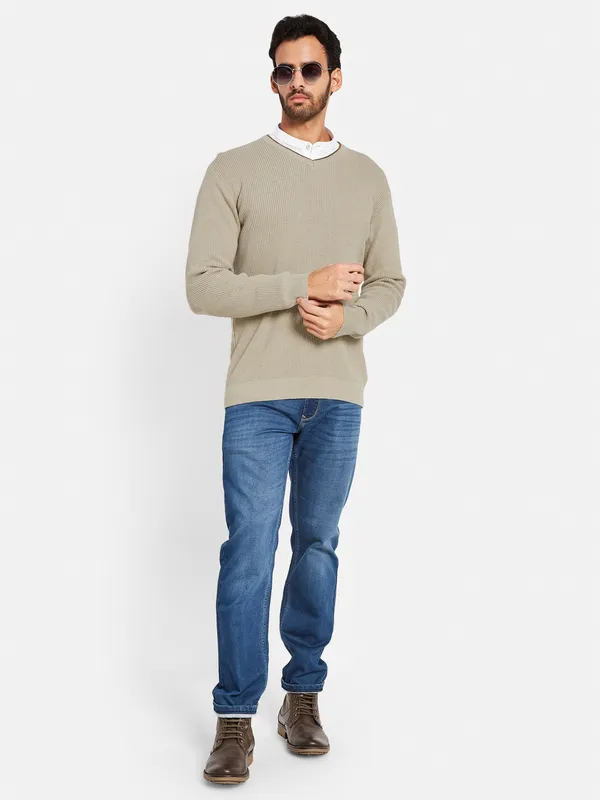 Ribbed V-Neck Cotton Pullover