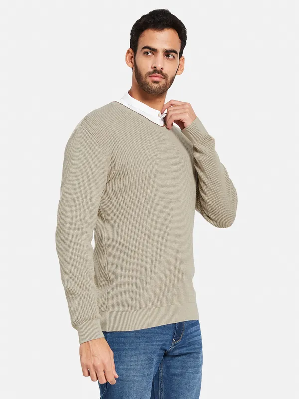 Ribbed V-Neck Cotton Pullover