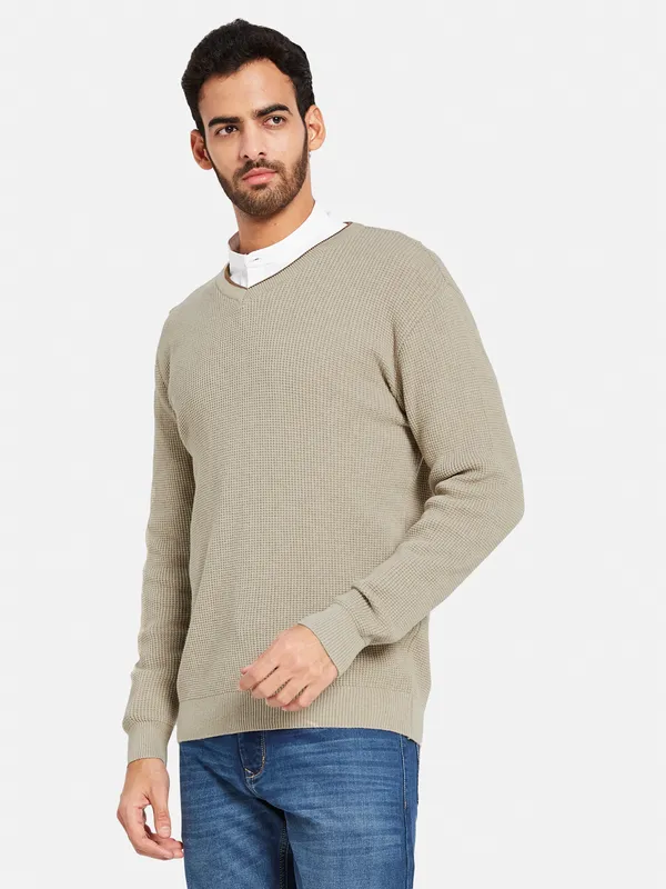 Ribbed V-Neck Cotton Pullover