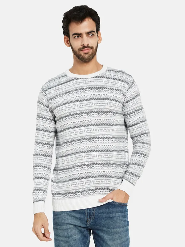 METTLE Geometric Self Design Ribbed Cotton Pullover