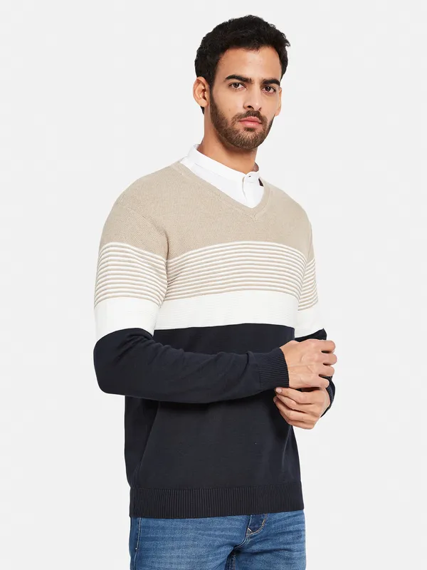 Colourblocked V-Neck Cotton Pullover