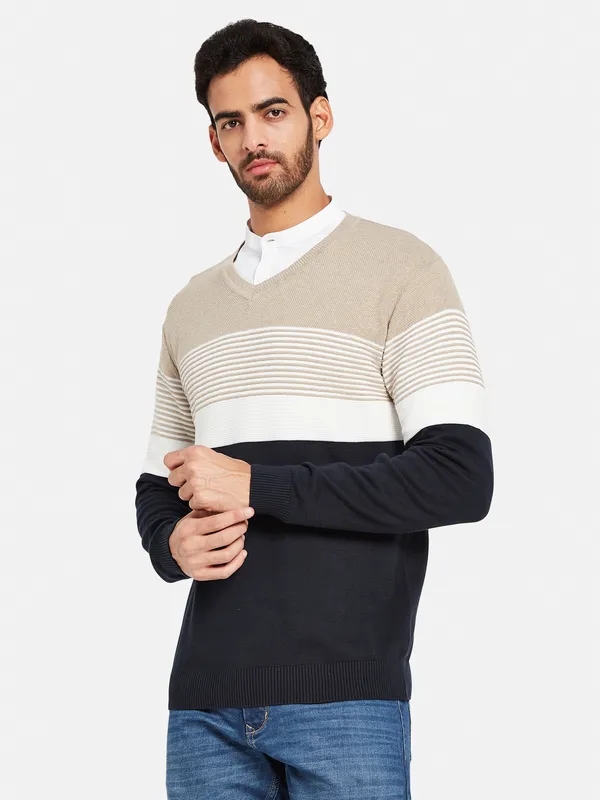 Colourblocked V-Neck Cotton Pullover