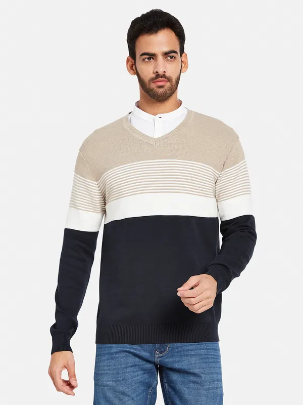 Colourblocked V-Neck Cotton Pullover